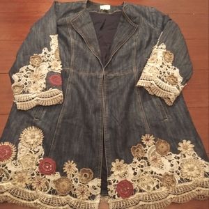 Chico's Long Denim Jacket With Crocheted Lace Trim Size 2/ L